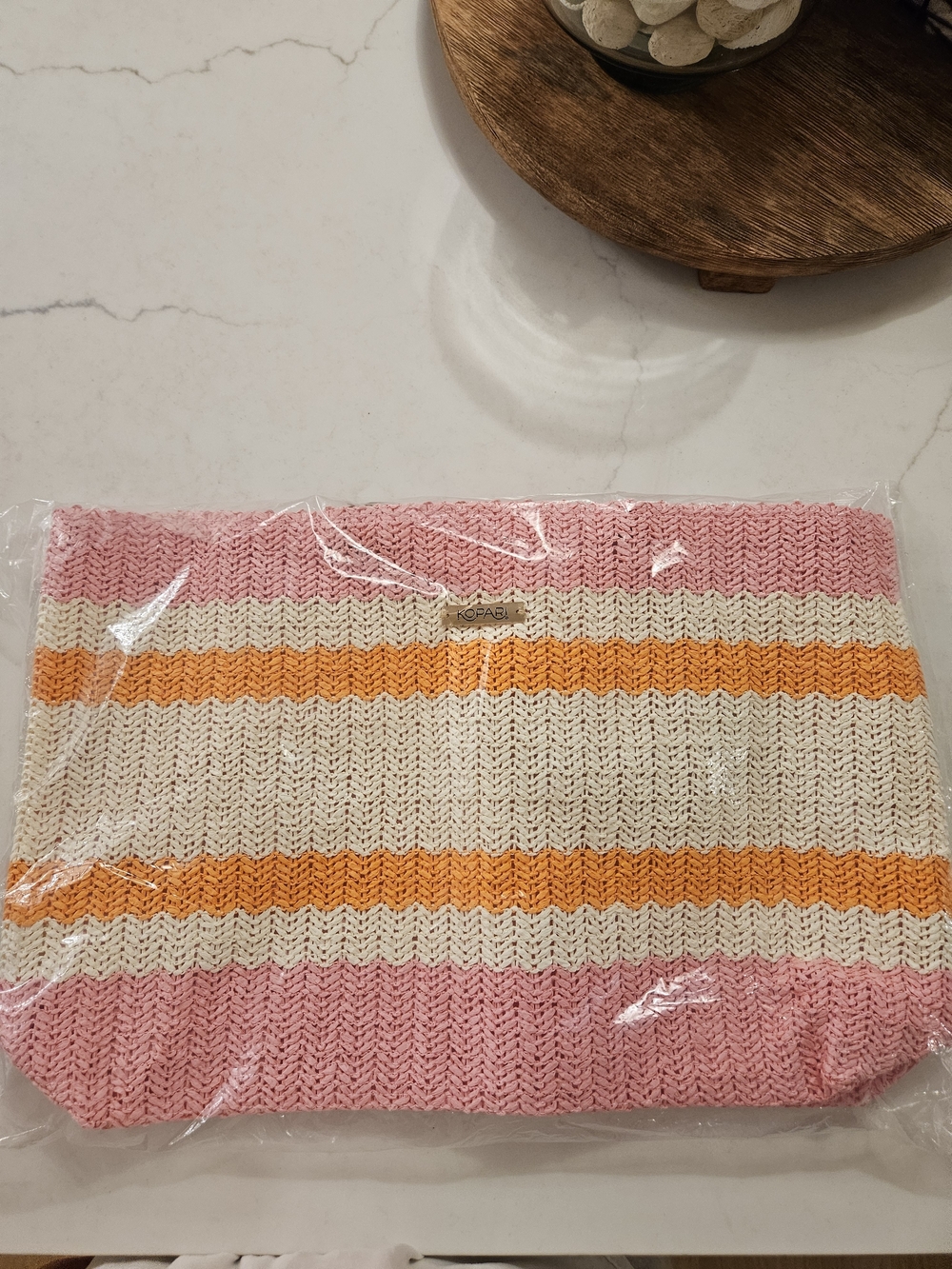 New Kopari Woven Large Striped Beach Tote, Pink, Orange